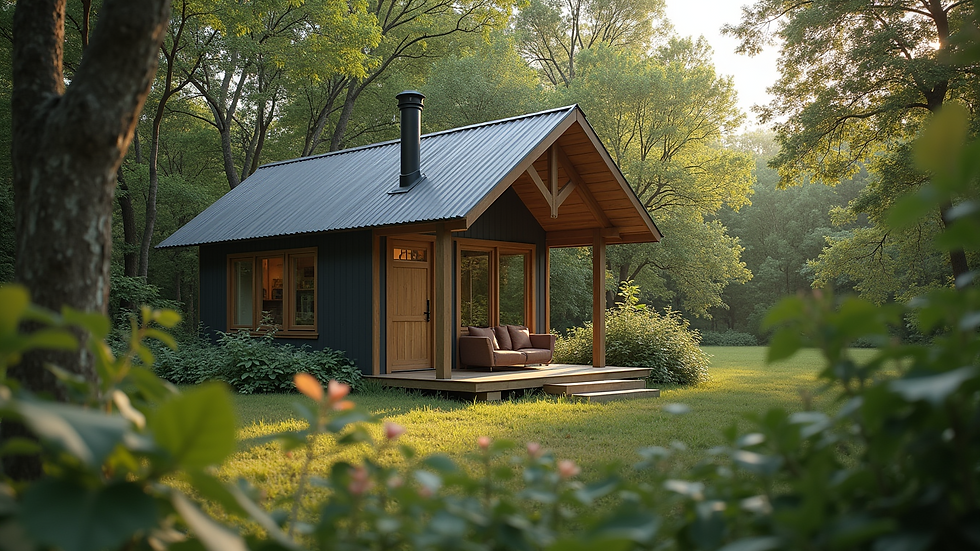 Eye-level view of a cozy tiny home surrounded by lush greenery