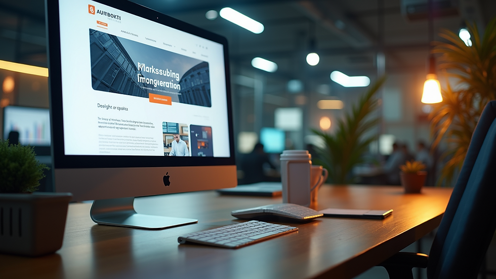 Eye-level view of a modern workspace with a computer displaying a website layout