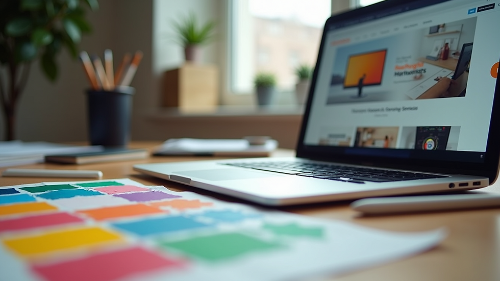 Close-up view of a designer’s desk with color swatches and a laptop showing a website mockup