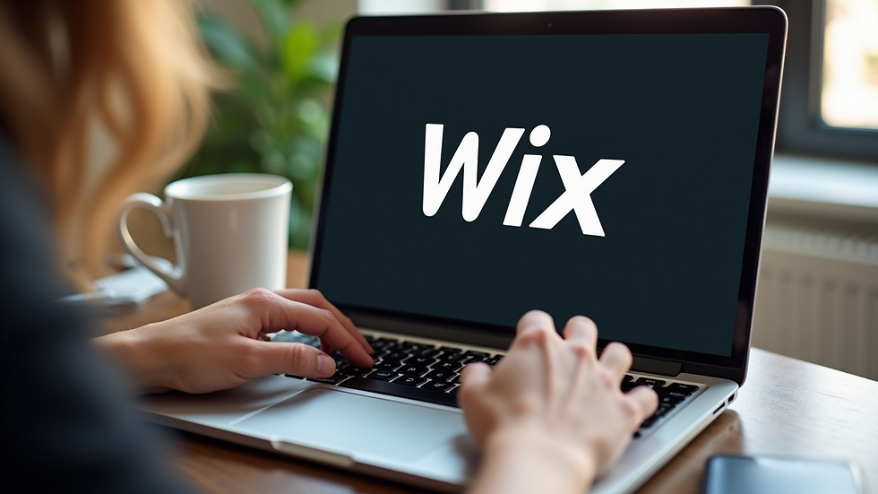 High angle view of a laptop displaying a Wix website editor with logo placement