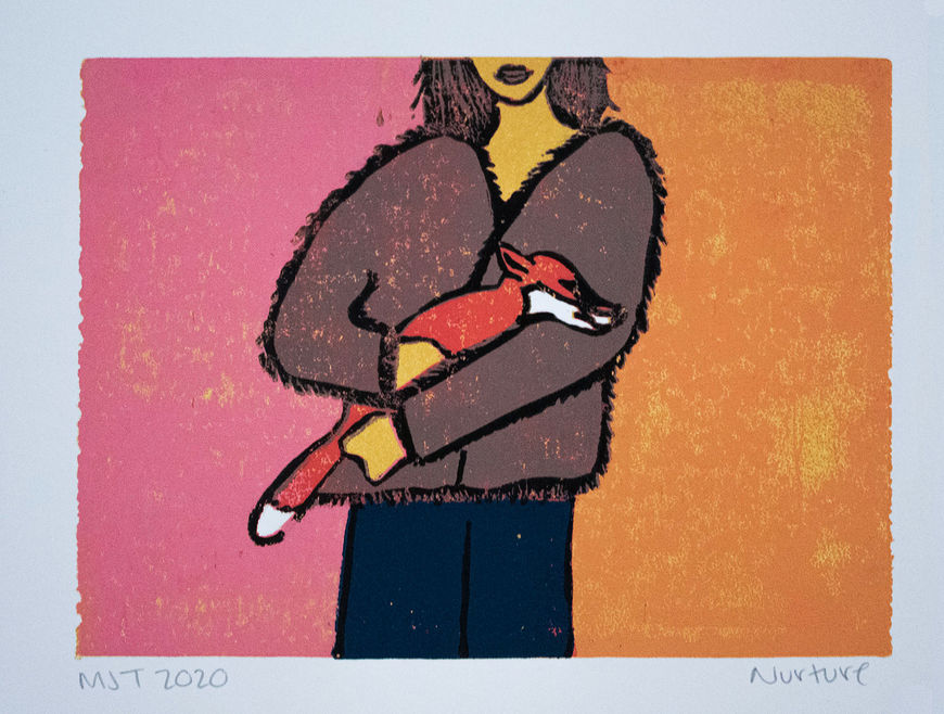 The main figure is a woman whose face is cut off above the lips by the top of the image, and legs are cut off just above the knee. She is wearing a brown fur coat and holding a baby fox. The woman is centered in the image and the background is pink on the left side of her and orange on the right.