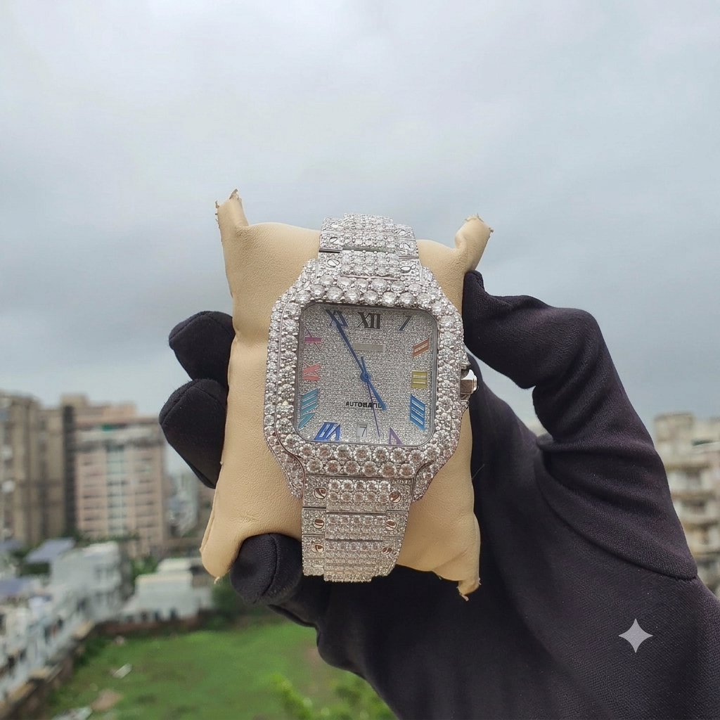 Full White Moissanite Iced Out Rainbow Roman Dial Wrist Watch