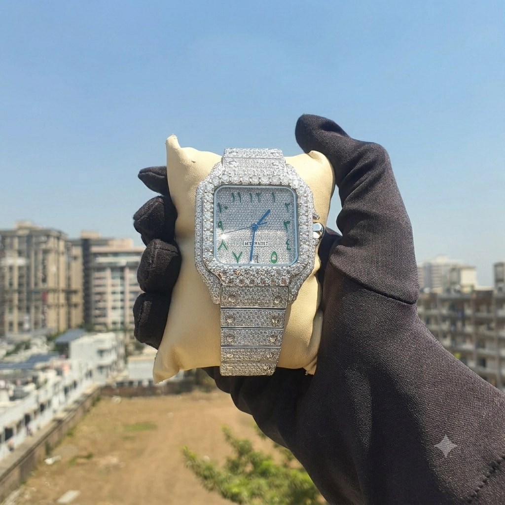 Full White Green Arabic Dial Moissanite Men's Watch