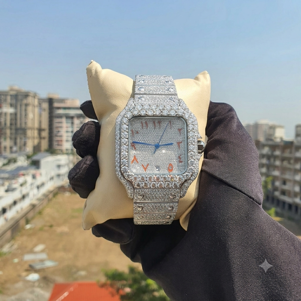 Full White Iced Out Orange Arabic Numerical Moissanite Watch