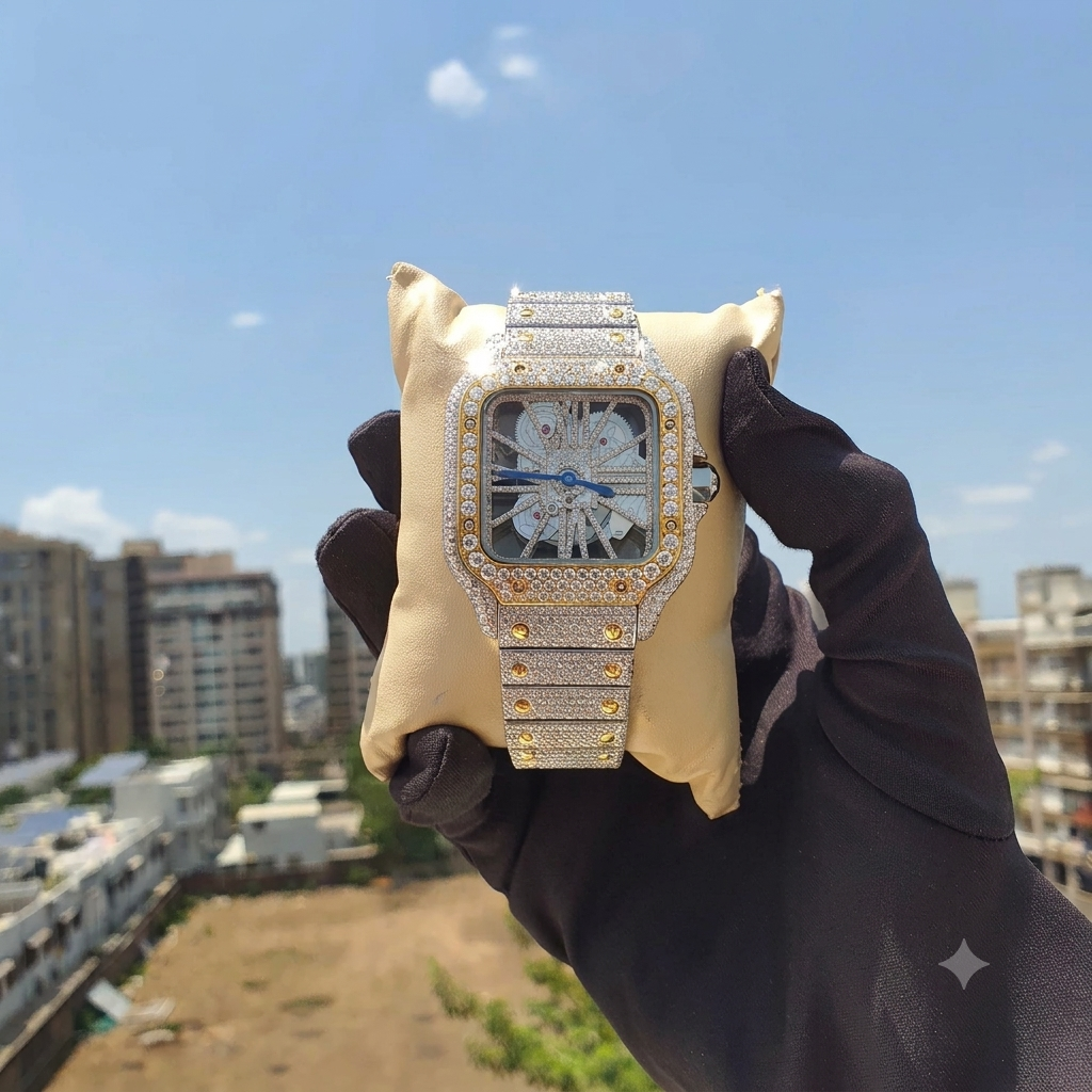 Two Tone Iced Out Skeleton Moissanite Men's Watch