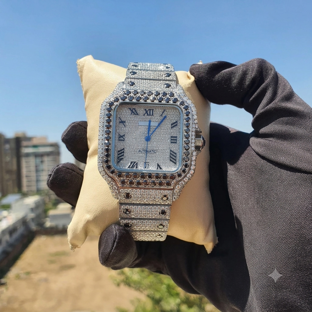 White Tone Iced Out Black Onyx Diamond Custom Watch