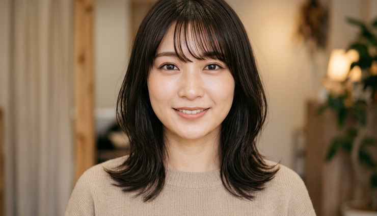 目線の高さで見る前髪が自然に流れるストレートヘア