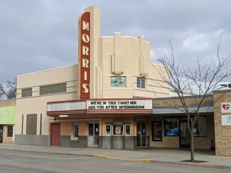 Marquee of the Morris Movie Theatre Building in early spring.