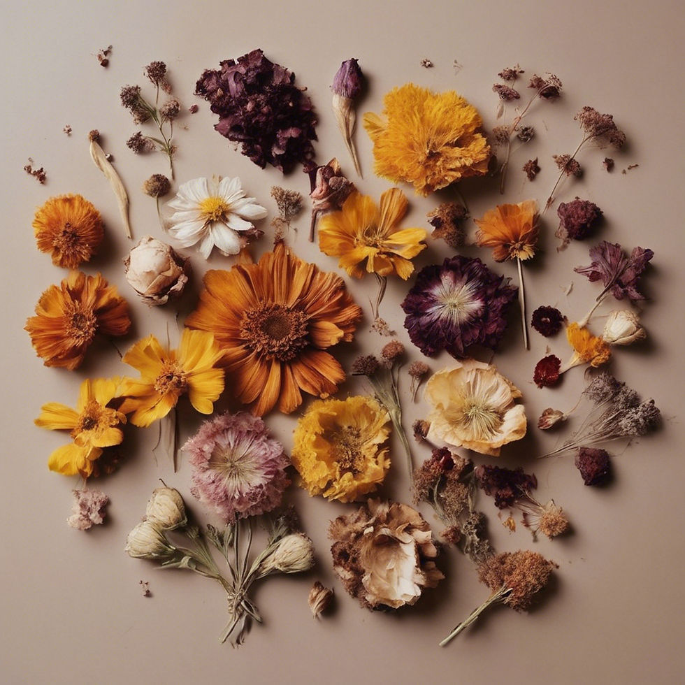 Flat lay of dried flowers that includes daisies, sunflowers
