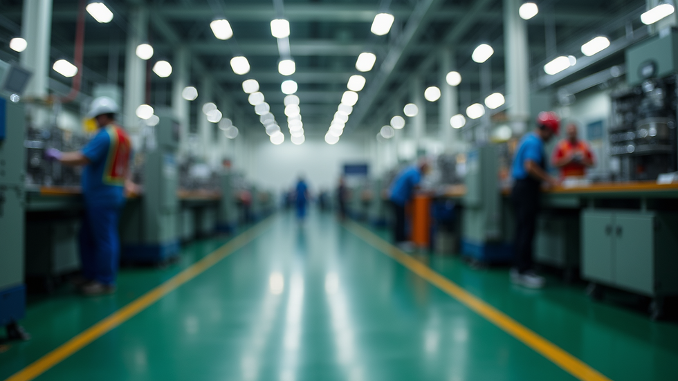 Close-up view of a factory floor with machinery and workers