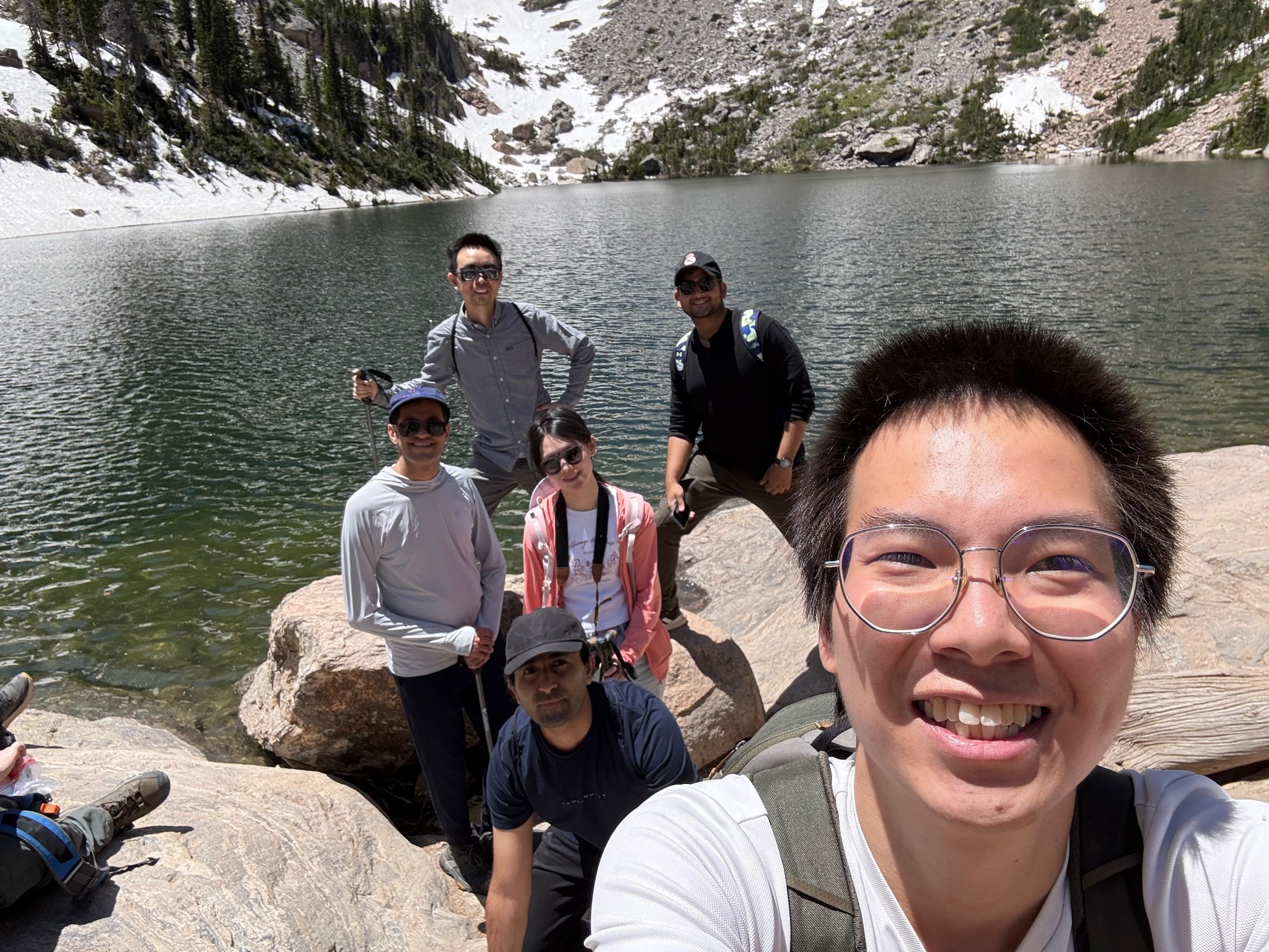 Group selfie during a hike by the lake in Rocky Mountain National Park