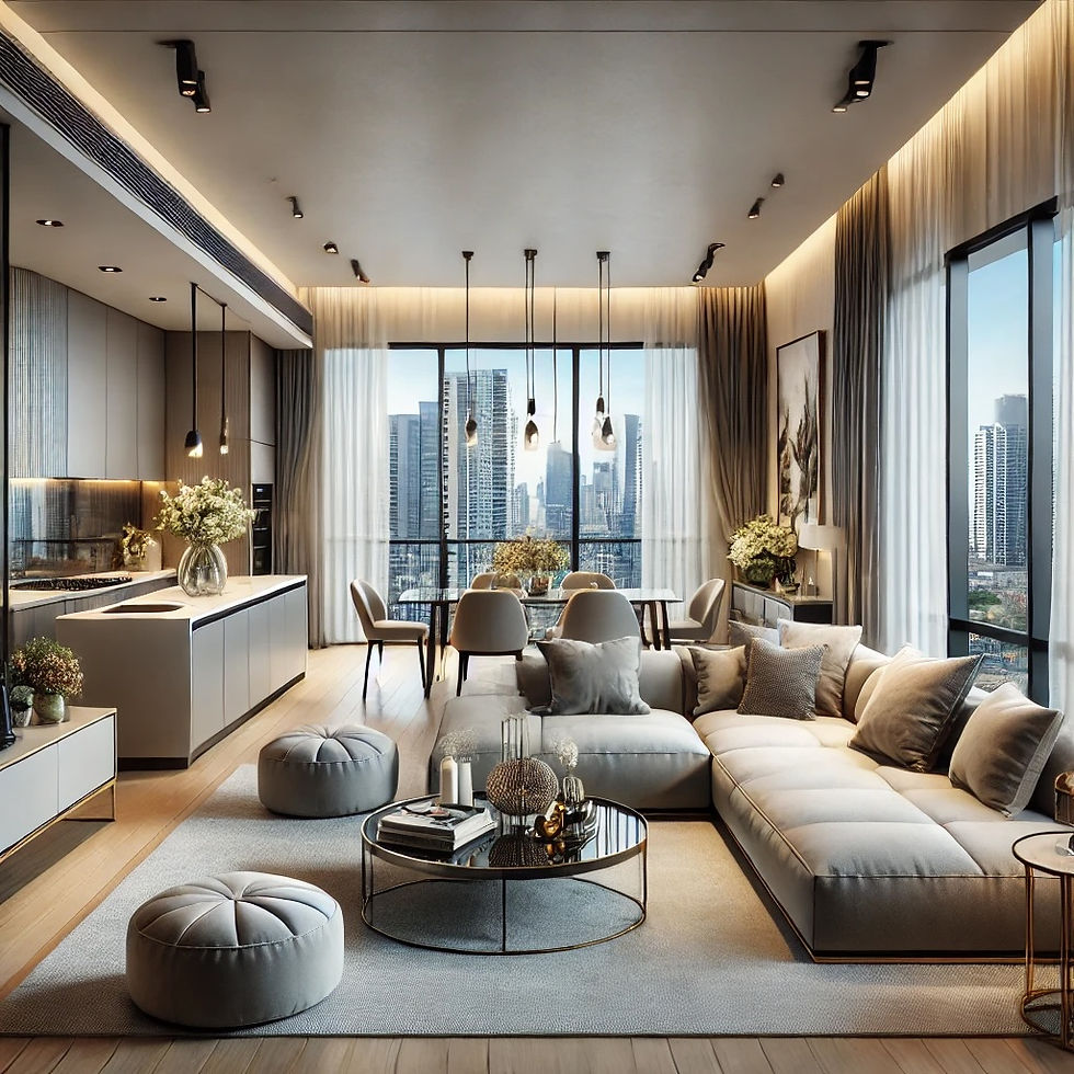 A modern, nicely furnished condo with an open-concept living space. The room features a large sectional sofa, a stylish coffee table, and a floor-to-ceiling window showcasing a city skyline. The kitchen includes stainless steel appliances, quartz countertops, and pendant lighting, while the dining area has a sleek glass table with upholstered chairs. The decor is elegant with artwork, indoor plants, and soft ambient lighting, creating a cozy yet luxurious atmosphere.