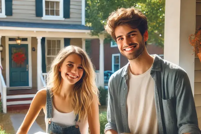 A young couple carrying moving boxes into a cozy rental home in a sunny Fayetteville neighborhood, smiling as they explore their new living space.