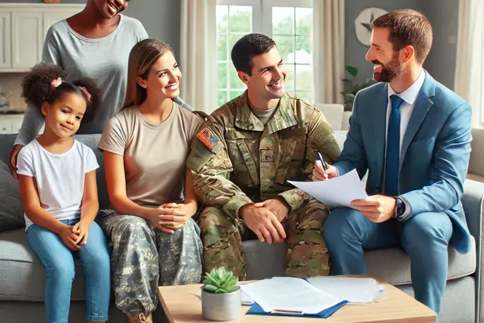 A diverse military family sitting in a cozy living room, reviewing documents with a smiling landlord in a welcoming and professional setting.