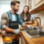 Maintenance professional repairing a kitchen sink faucet in a well-lit rental home, interacting professionally and cordially with a smiling tenant.