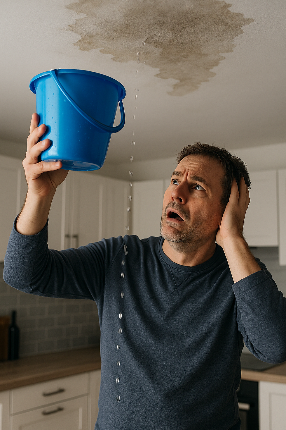 "Tenant in Fayetteville NC rental property catching water dripping from a ceiling leak with a bucket during an emergency