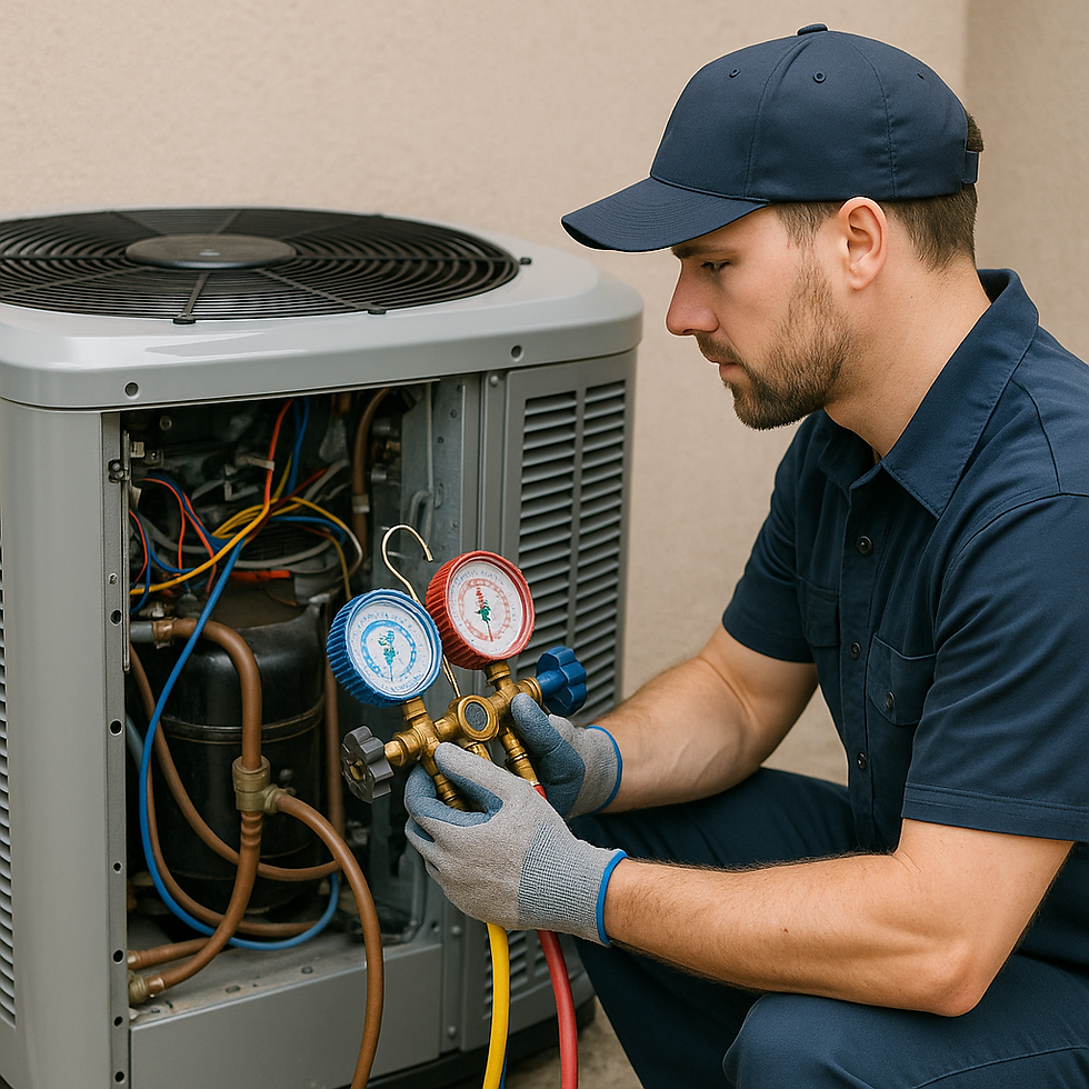 Technician in blue uniform inspects HVAC unit with pressure gauges, surrounded by colorful wires. Focused expression, neutral background.