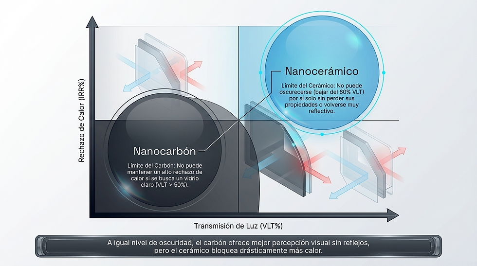 Gráfico comparativo de nanocarbón y nanocerámico en rechazo de calor y transmisión de luz, con flechas azules y rojas. Texto explicativo incluido.