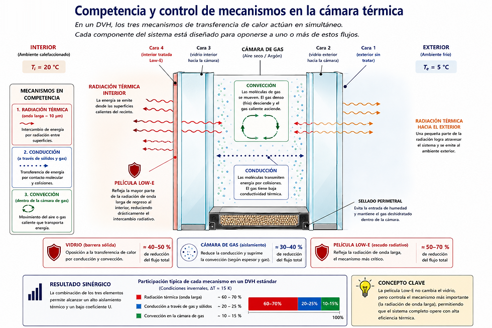 Esquema detallado de una sección de DVH que etiqueta con vectores de flujo cada fenómeno: vectores moleculares para la conducción o convección del gas y vectores de onda larga para la radiación. El diagrama muestra gráficamente cómo el vidrio detiene un porcentaje, la cámara de gas frena la conducción, y la película Low-E actúa como el escudo que mitiga las flechas radiativas.