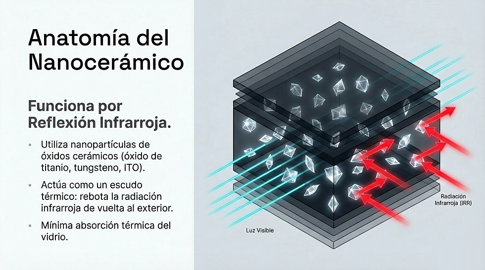 Esquema de nanocerámico reflejando radiación infrarroja. Texto: Anatomía del Nanocerámico, detalles de composición y función.