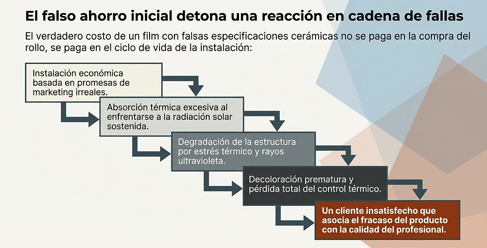 Diagrama de flujo sobre fallas en instalaciones cerámicas. El texto destaca problemas como absorción térmica y degradación estructural. Fondo geométrico.