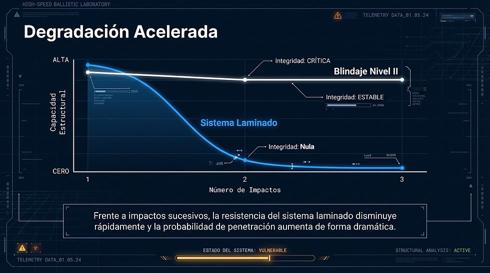 Gráfico azul y blanco de "Degradación Acelerada" mostrando capacidad estructural ante impactos. Texto sobre resistencia de sistema laminado.