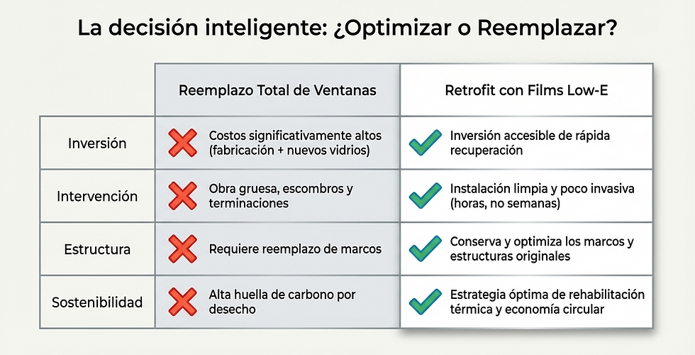 Tabla comparativa: "Reemplazo vs. Retrofit". Retrofit es favorable en inversión, intervención, estructura y sostenibilidad, marcado en verde.