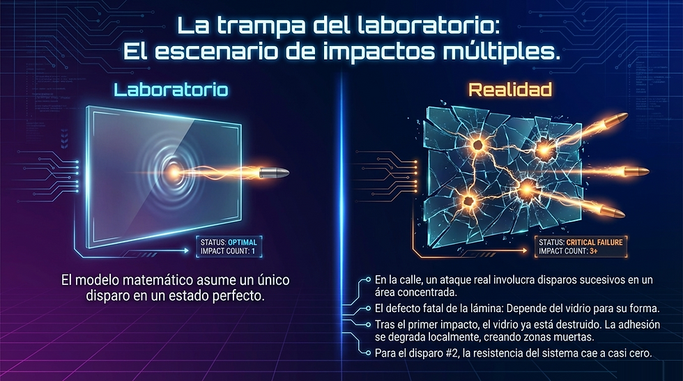Diagrama comparando pruebas de impacto en laboratorio vs. realidad. "Laboratorio" muestra un impacto óptimo; "Realidad" muestra fallos críticos. Texto y efectos visuales destacados.