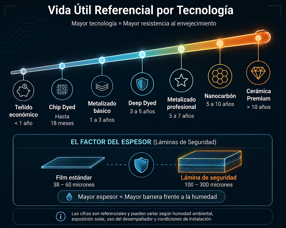 Infografía sobre vida útil de polarizados por tecnología, de teñido a cerámica premium, con gráfico y comparación de espesores.
