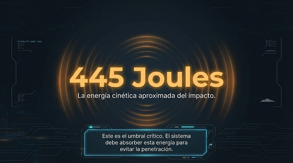Texto "445 Joules" en naranja sobre fondo oscuro con ondas. Indica energía cinética del impacto. Texto adicional sobre umbral crítico abajo.