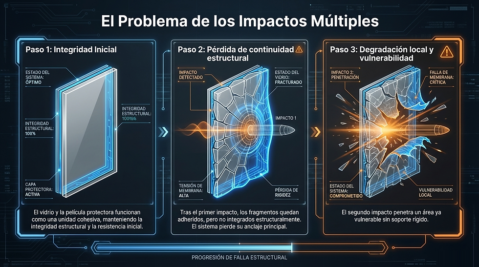 Diagrama de tres pasos del impacto en un vidrio: integridad inicial, pérdida estructural y degradación con penetración y vulnerabilidad.