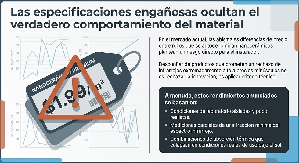 Etiqueta de precio de nanocerámica con triángulo naranja de advertencia. Fondo con gráficos y texto sobre especificaciones engañosas.
