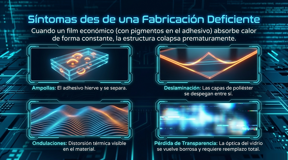 Fondo tecnológico muestra síntomas de fabricación deficiente: ampollas, deslaminación, ondulaciones, pérdida de transparencia.