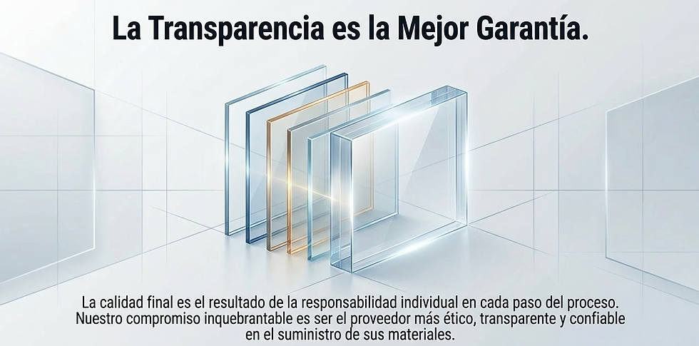 La transparencia es la mejor garantía; paneles de vidrio translúcido en fondo blanco con texto sobre calidad y compromiso.