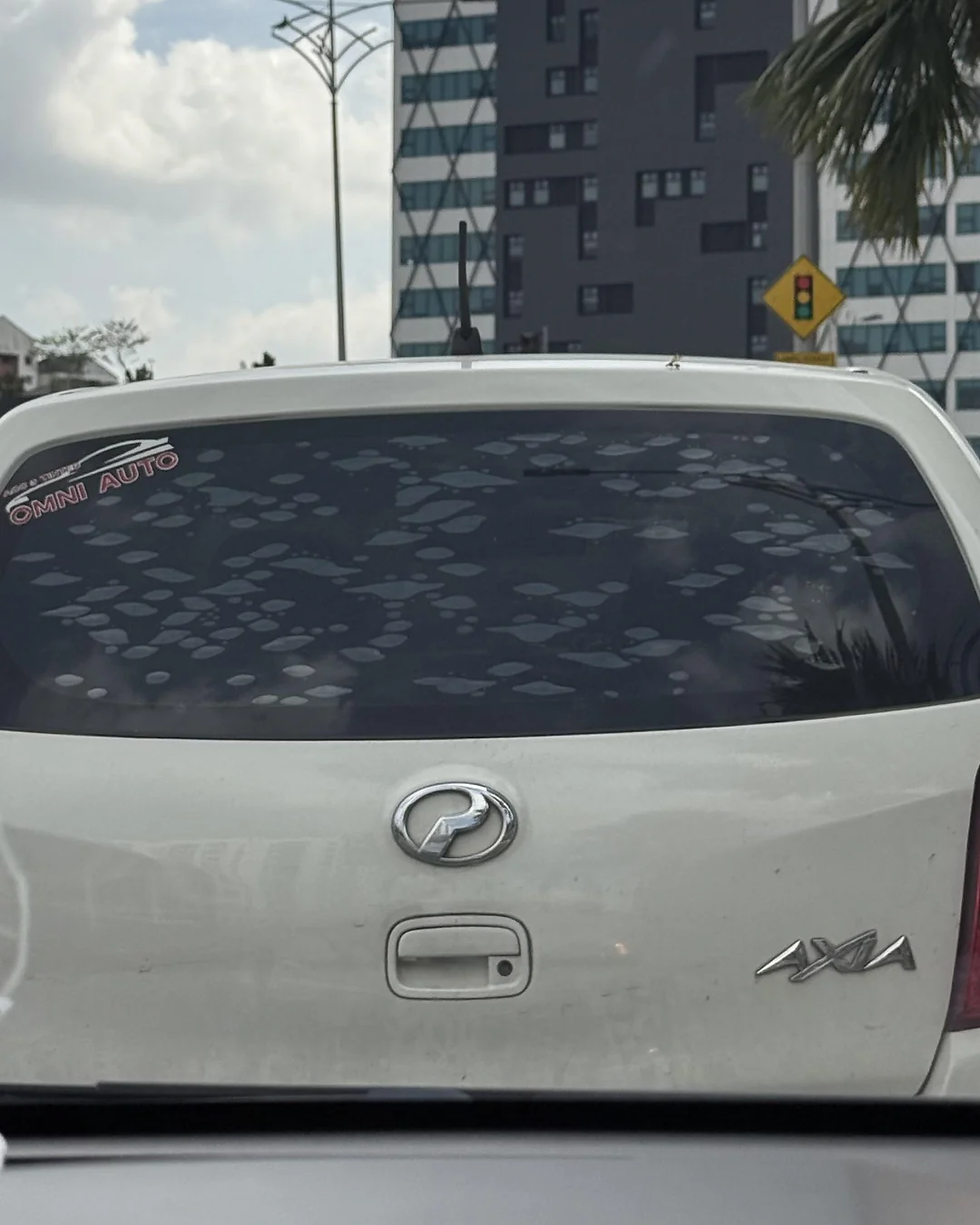 Trasera de un auto blanco Perodua Axia con calcomanía OMNI AUTO, frente a edificios y un semáforo en la ciudad.