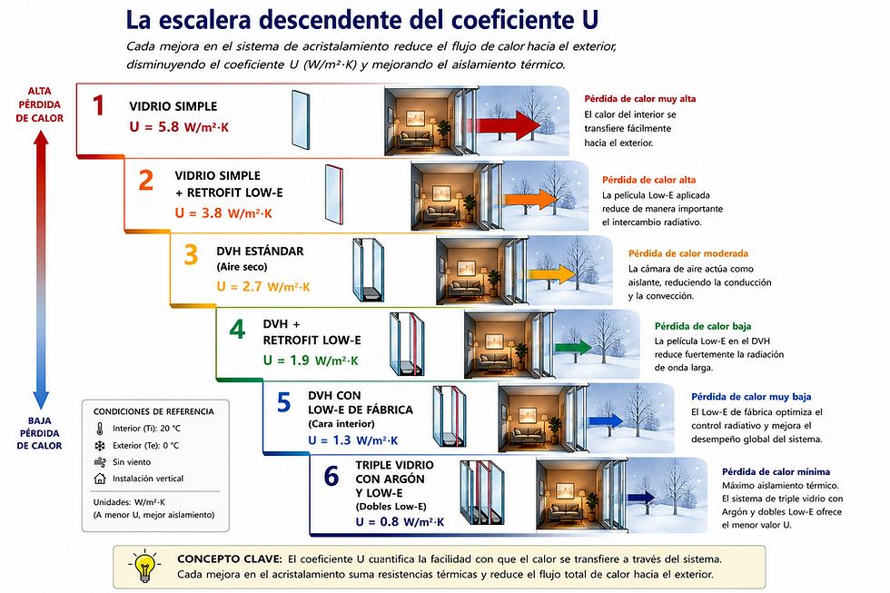 Gráfico de pasos en forma de escalera descendente expandida. Cada peldaño representa una configuración de acristalamiento y muestra su valor U de ingeniería: Peldaño 1: Vidrio simple (U = 5.8) → Peldaño 2: Vidrio simple + Retrofit Low-E (U = 3.8) → Peldaño 3: DVH Estándar (U = 2.7) → Peldaño 4: DVH + Retrofit Low-E (U = 1.9) → Peldaño 5: DVH con Low-E de fábrica (U = 1.3) → Peldaño inferior: Triple Vidrio con Argón (U = 0.8). Junto a cada peldaño se ilustra una vivienda bajo condiciones invernales donde las flechas de pérdida térmica hacia el exterior disminuyen de grosor proporcionalmente de forma escalonada.