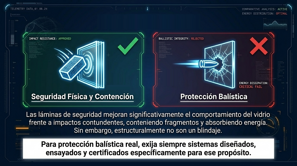 Pantalla con dos diagramas: uno a la izquierda con un bloqueo de impacto aprobado, a la derecha un disparo rechazado. Texto sobre seguridad.