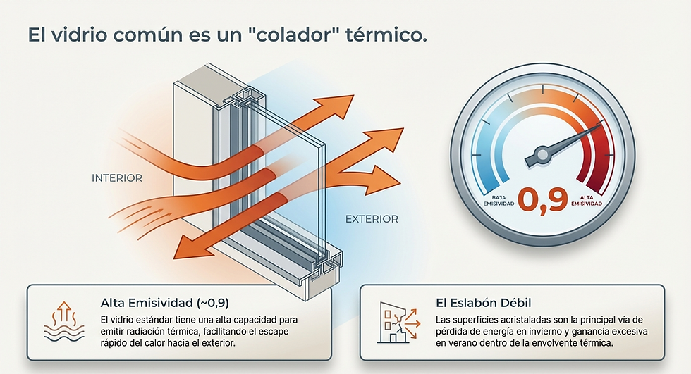 Diagrama muestra vidrio con alta emisividad térmica. Flechas naranjas indican calor saliendo. Texto enfatiza pérdida energética. Dial marca 0,9.
