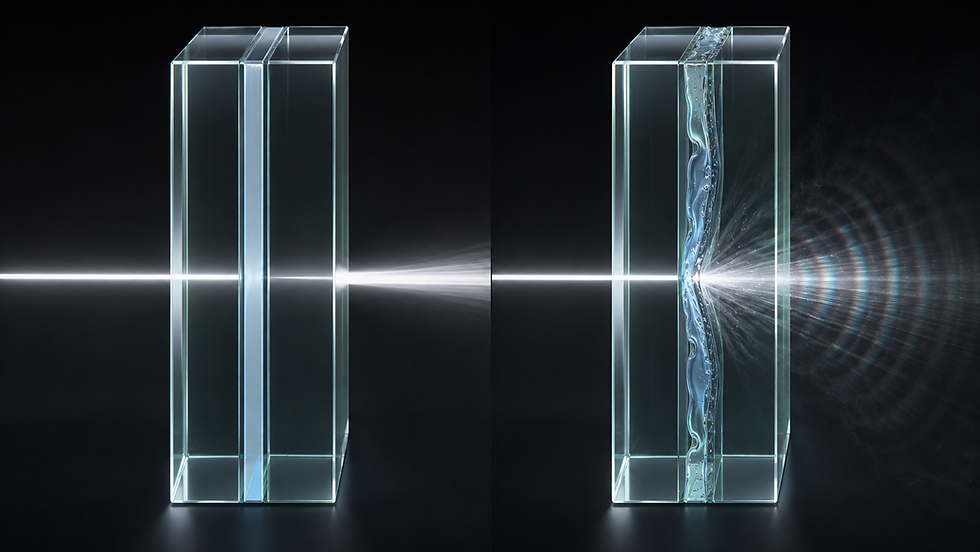 Dos prismas de vidrio transparentes sobre fondo negro; un haz de luz los atraviesa y refracta, creando destellos azules.