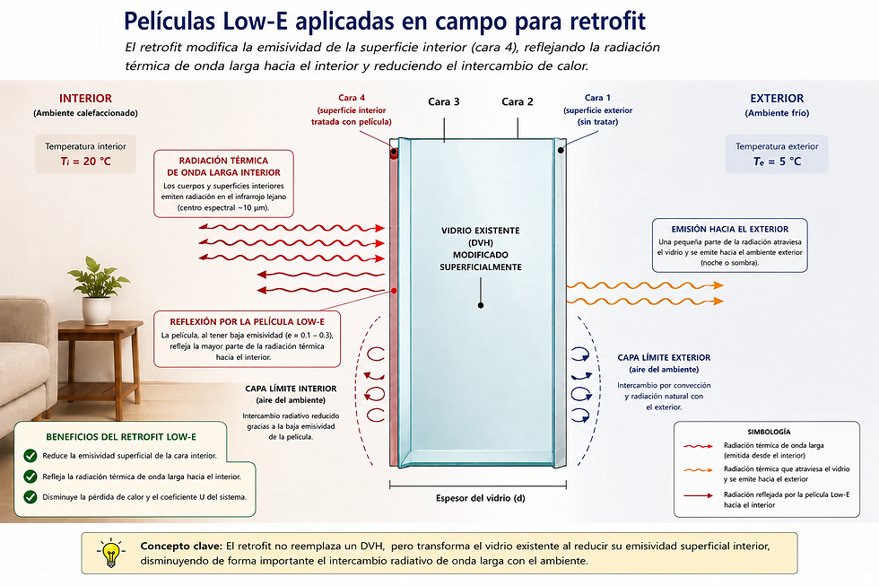 Esquema gráfico de un vidrio existente modificado superficialmente de forma posterior. Muestra la radiación térmica de onda larga interior impactando la cara 4 tratada con la película y siendo reflejada de vuelta hacia la habitación, disminuyendo la transferencia de calor y modificando las capas límite.