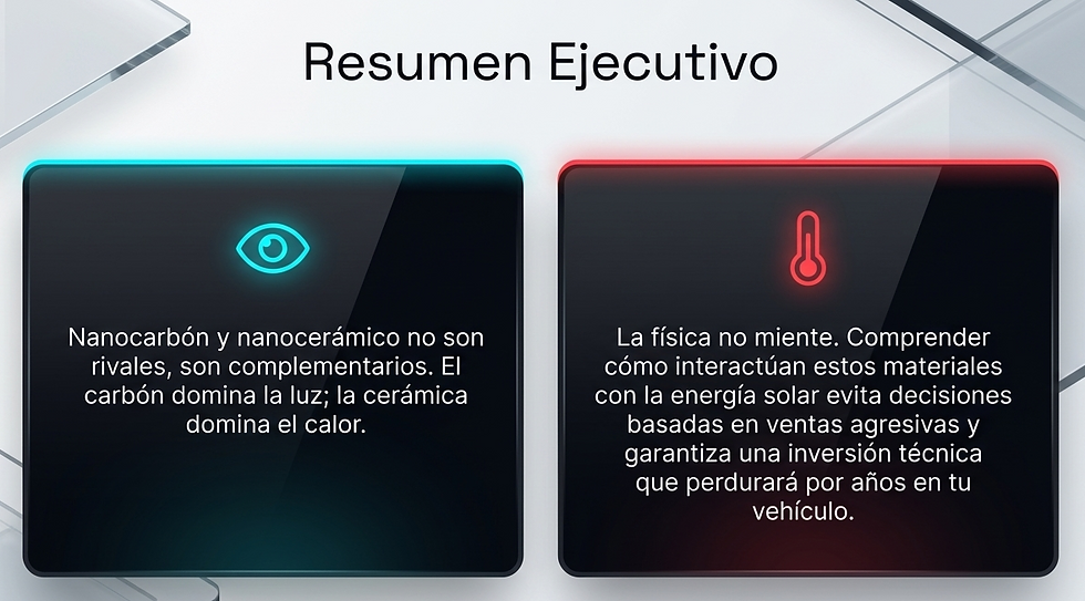 Dos paneles con texto sobre nanocarbón y nanocerámico con íconos de ojo y termómetro. Fondo geométrico, título "Resumen Ejecutivo".