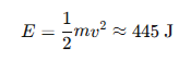 Fórmula de energía cinética en un fondo blanco: E = 1/2 mv² ≈ 445 J. Representa cálculo físico, texto en notación matemática.