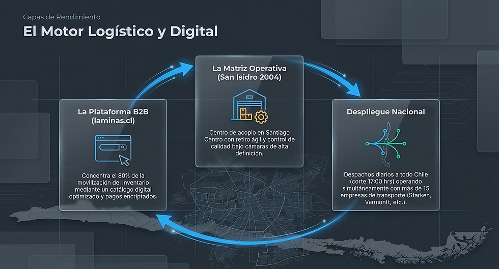 Diagrama de flujo sobre logística digital. Tres secciones: Plataforma B2B, Matriz Operativa y Despliegue Nacional. Fondo azul oscuro.