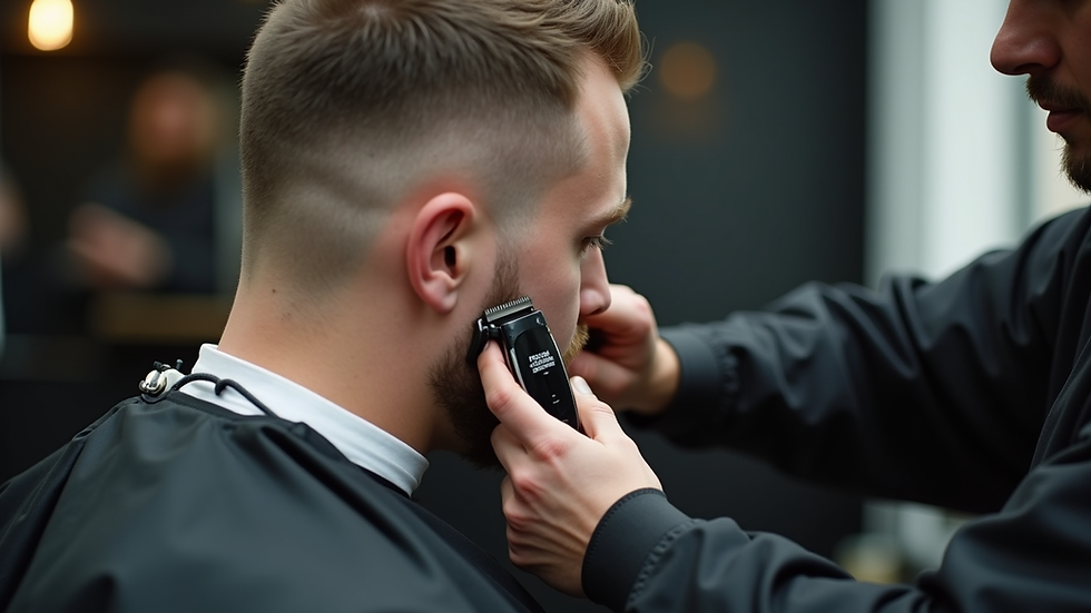 Close-up view of a barber using clippers to create a fade haircut