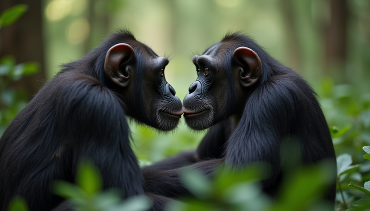 Close-up view of chimpanzees interacting in a forest setting