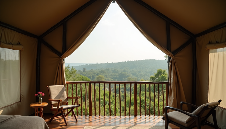 Eye-level view of deluxe safari tent balcony overlooking lush green landscape