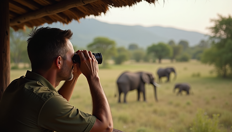 Eye-level view of a guest observing elephants through binoculars from a safari lodge veranda