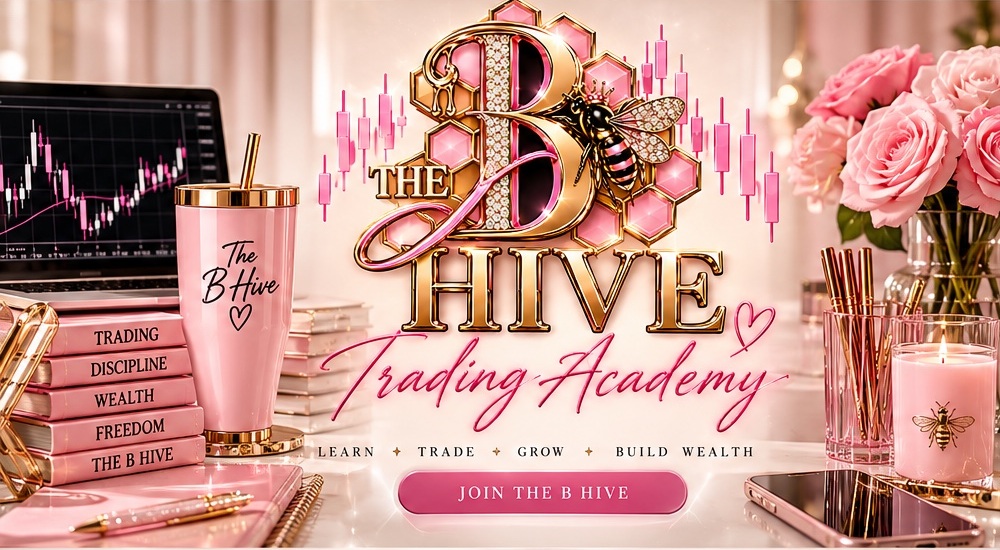 The B Hive Trading Academy pink luxury trading desk with honeycomb B logo, flowers and trading laptop