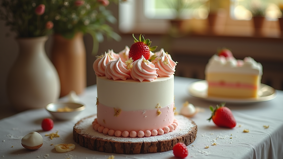 Eye-level view of a beautifully decorated cake on a table