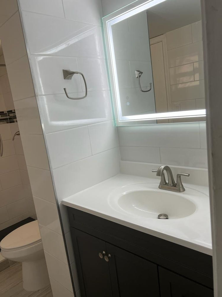 Bathroom vanity with lighted mirror and dark cabinet